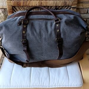 S-ZONE WASH GRAY CANVAS BROWN LEATHER LRG DUFFEL BAG WEEKENDER TRAVEL LUGGAGE